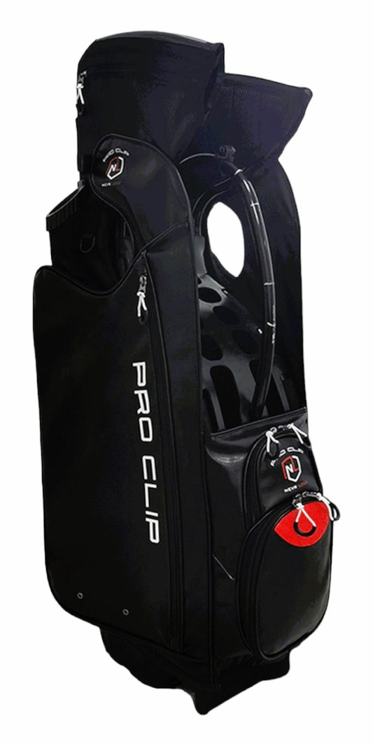 A black NEVR LOOZ PRO CLIP C1 bag with white text, featuring iron clips for club organization, 9 pockets, umbrella holder, and padded shoulder strap. Includes 10 Iron Clips, 3 Shaft Clips, 2 extra Shaft Clips, a rain hood, and 2 putter tubes.
