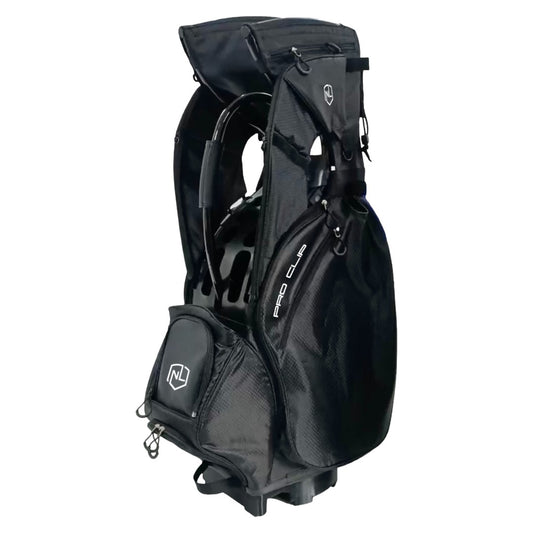 A black NEVR LOOZ PRO CLIP C2 tough nylon golf cart bag with customizable 10 Iron Clips, 3 Shaft Clips, 2 extra Shaft Clips and 2 Putter tubes. Features 18-pockets, umbrella holder, padded straps, and rain hood. 