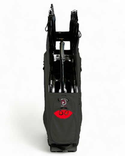 
A NEVR LOOZ PRO CLIP C1 black buttery PU leather EXOSKIN golf bag with red and black logo, featuring 12 pockets, 2 putter tubes, D-ring holders, padded strap, and rain hood.