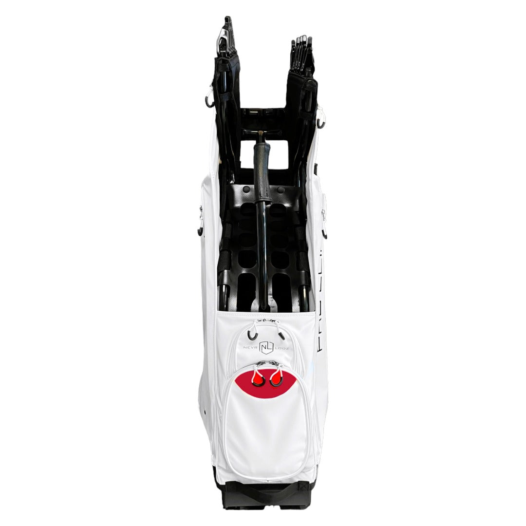 A NEVR LOOZ PRO CLIP C1 white buttery PU leather EXOSKIN golf bag with red and black logo, featuring 12 pockets, 2 putter tubes, D-ring holders, padded strap, and rain hood.