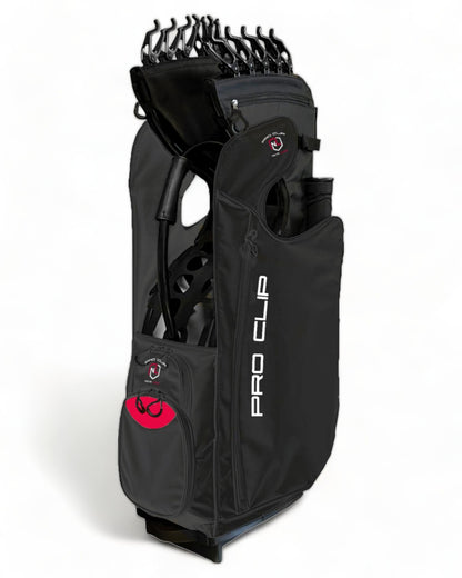 A NEVR LOOZ PRO CLIP C1 black buttery PU leather EXOSKIN golf bag with red and black logo, featuring 12 pockets, 2 putter tubes, D-ring holders, padded strap, and rain hood.
