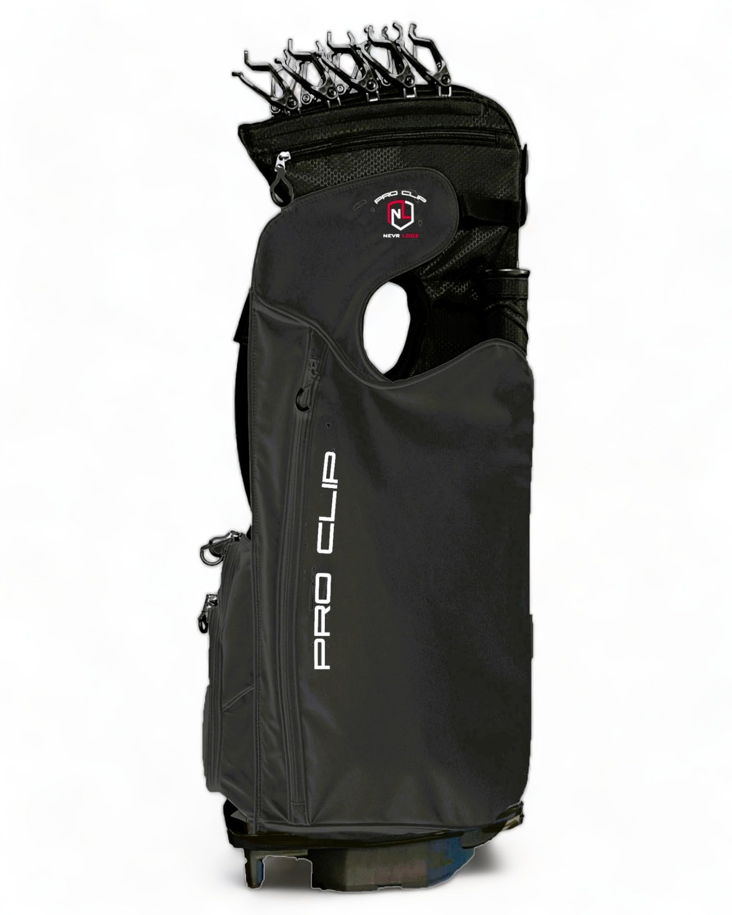 A NEVR LOOZ PRO CLIP C1 black buttery PU leather EXOSKIN golf bag with red and black logo, featuring 12 pockets, 2 putter tubes, D-ring holders, padded strap, and rain hood.