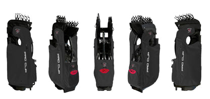 A group of NEVR LOOZ PRO CLIP C1 black buttery PU leather EXOSKIN golf bag with red and black logo, featuring 12 pockets, 2 putter tubes, D-ring holders, padded strap, and rain hood.