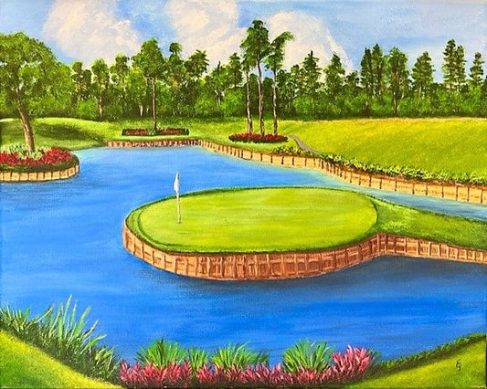 Canvas Print of TPC Sawgrass 17th hole painting by Cindy. Golf course landscape with trees, grass, and sky depicted in a detailed artwork.