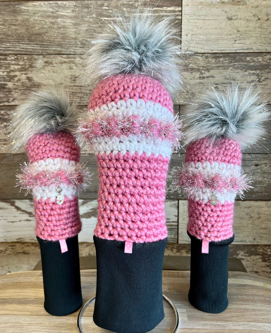 Set of three Pink w Gray Pom-Poms