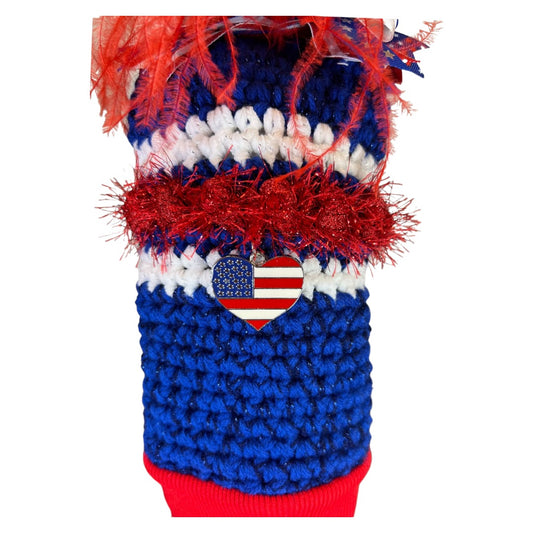 NEVR LOOZ Hand-crafted head cover featuring red, white, and blue design, and matching jewelry. Perfect for golf enthusiasts.