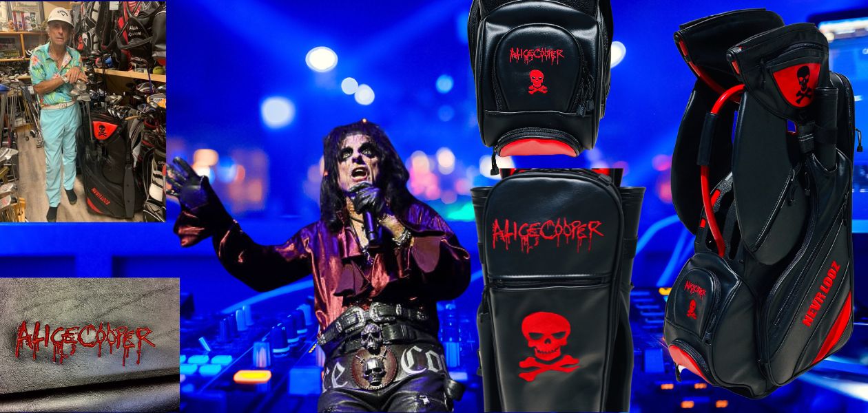A NEVR LOOZ PRO CLIP CUSTOM golf bag for ALICE COOPER featuring a black golf bag bag featuring a red skull. 