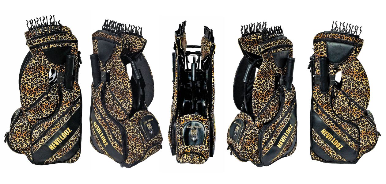 A NEVR LOOZ PRO CLIP CUSTOM golf bag featuring a striking leopard print design, showcasing a unique and stylish accessory for golf enthusiasts.