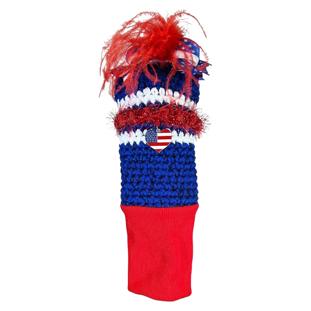 NEVR LOOZ Hand-crafted head cover featuring red, white, and blue design, and matching jewelry. Perfect for golf enthusiasts.