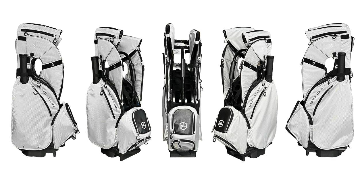 A group of NEVR LOOZ PRO CLIP CUSTOM golf bags, including a white bag with black trim and various close-up shots showcasing the design details and quality craftsmanship.