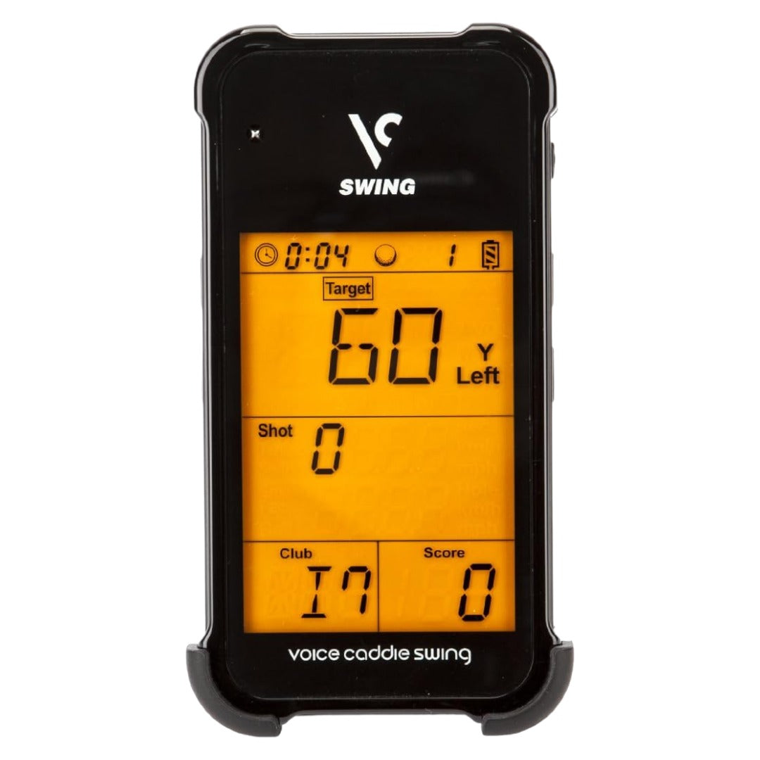 A close-up of NEVR LOOZ Swing Caddie SC100 Launch Monitor displaying carry distance, swing speed, ball speed, and smash factor on a yellow screen with numbers and a score.