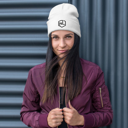 A woman in a white beanie and hoodie, showcasing a form-fitting, embroidered NEVR LOOZ hat - Beanie. Made of 60% cotton, 40% acrylic for cozy warmth. On-demand production for sustainability.