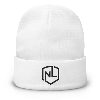 A white form-fitting, embroidered NEVR LOOZ hat - Beanie. Made of 60% cotton, 40% acrylic for cozy warmth. On-demand production for sustainability.