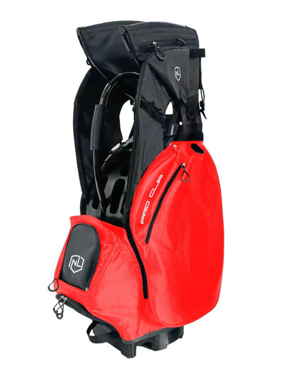A red NEVR LOOZ Exoskin with black straps, featuring 18 pockets, umbrella holder, D-ring holders, padded shoulder strap, and rain hood. Product: PRO CLIP C2 - ExoSkin.