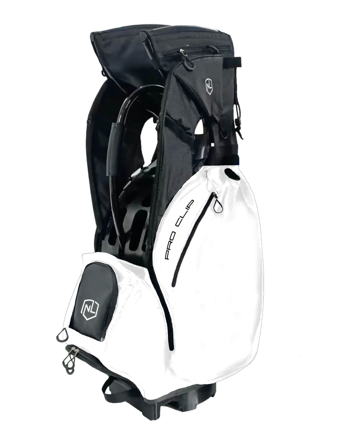A white NEVR LOOZ exoskin with 18 pockets, umbrella holder tube, D-ring towel holders, padded shoulder strap, and rain hood. Product title: PRO CLIP C2 - ExoSkin.
